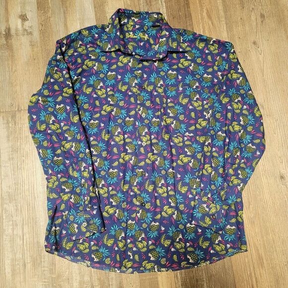 Alan Flusser Long Sleeve Button Shirt Men's Medium M Blue Pineapple Hawaiian - Picture 2 of 6